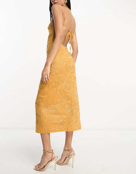 ASOS DESIGN embellished high neck midi dress with mirror beading detail in mustard