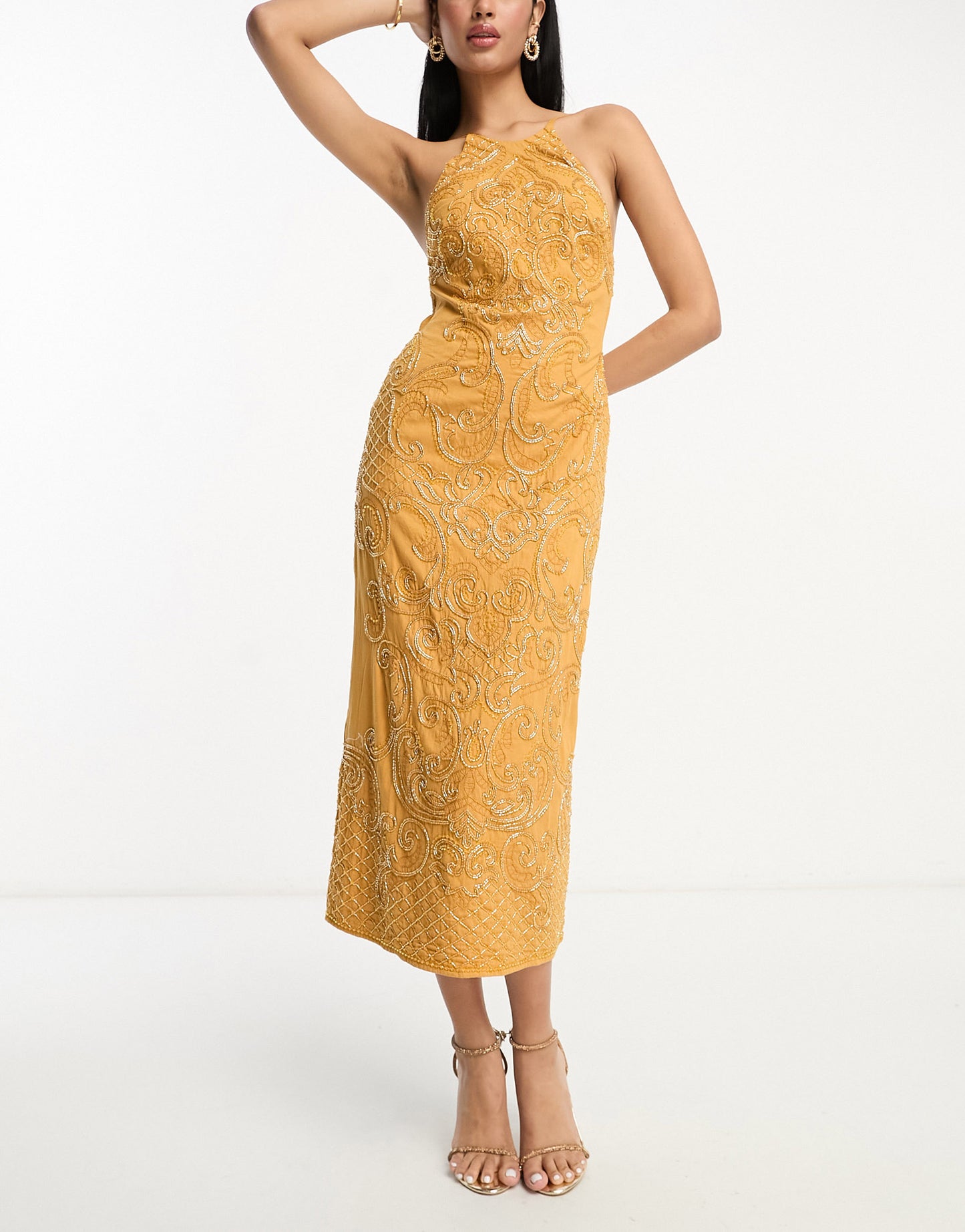ASOS DESIGN embellished high neck midi dress with mirror beading detail in mustard