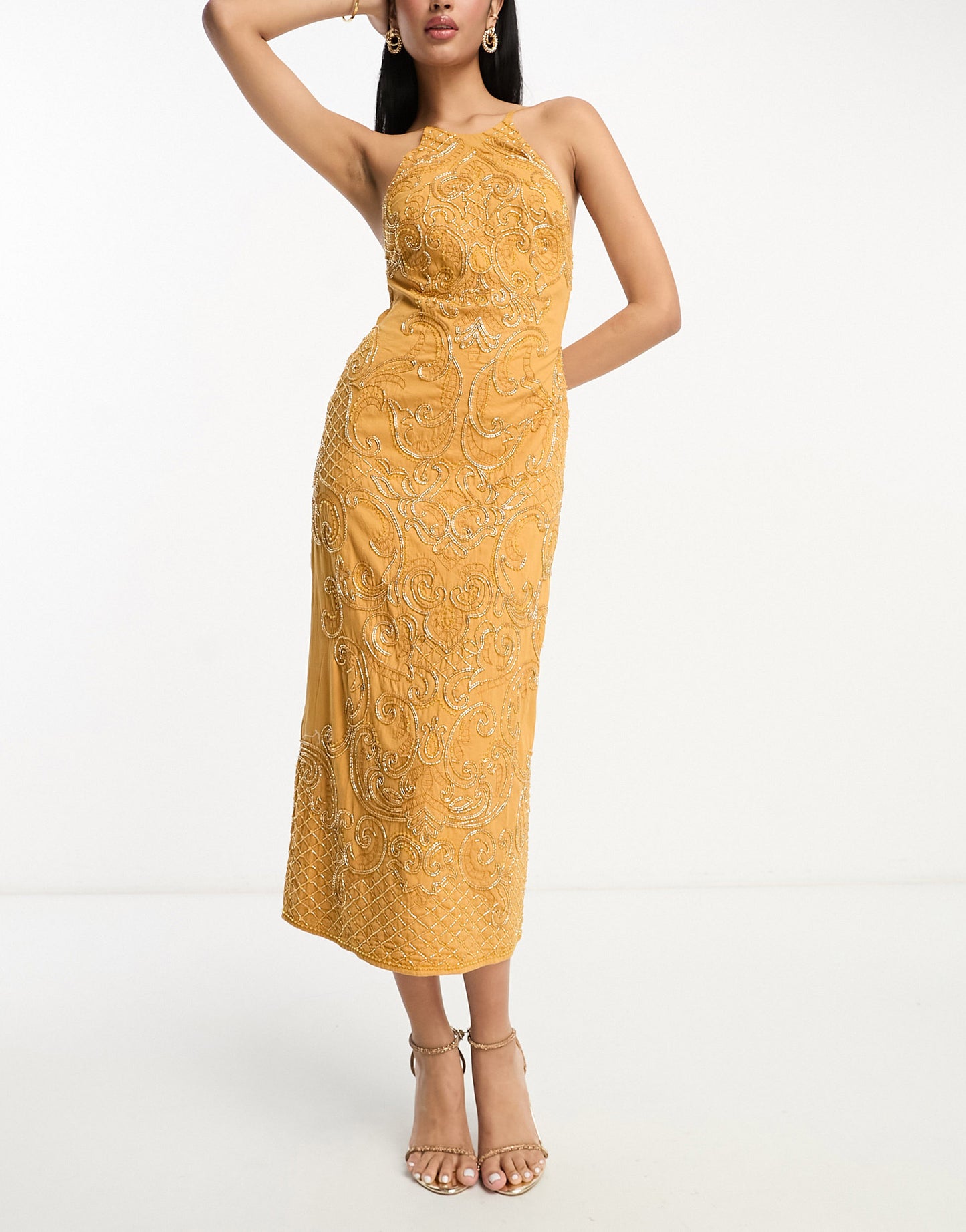 ASOS DESIGN embellished high neck midi dress with mirror beading detail in mustard