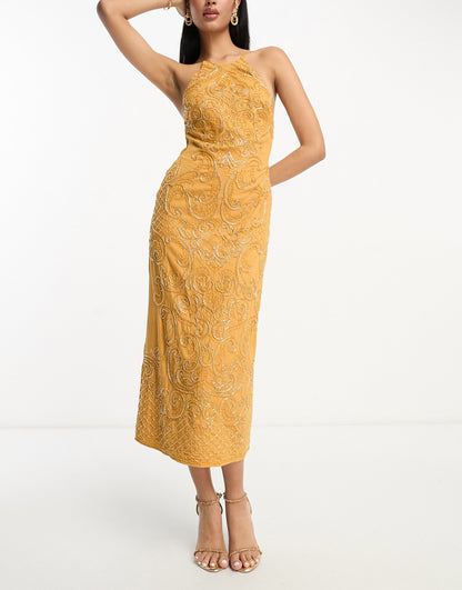 ASOS DESIGN embellished high neck midi dress with mirror beading detail in mustard