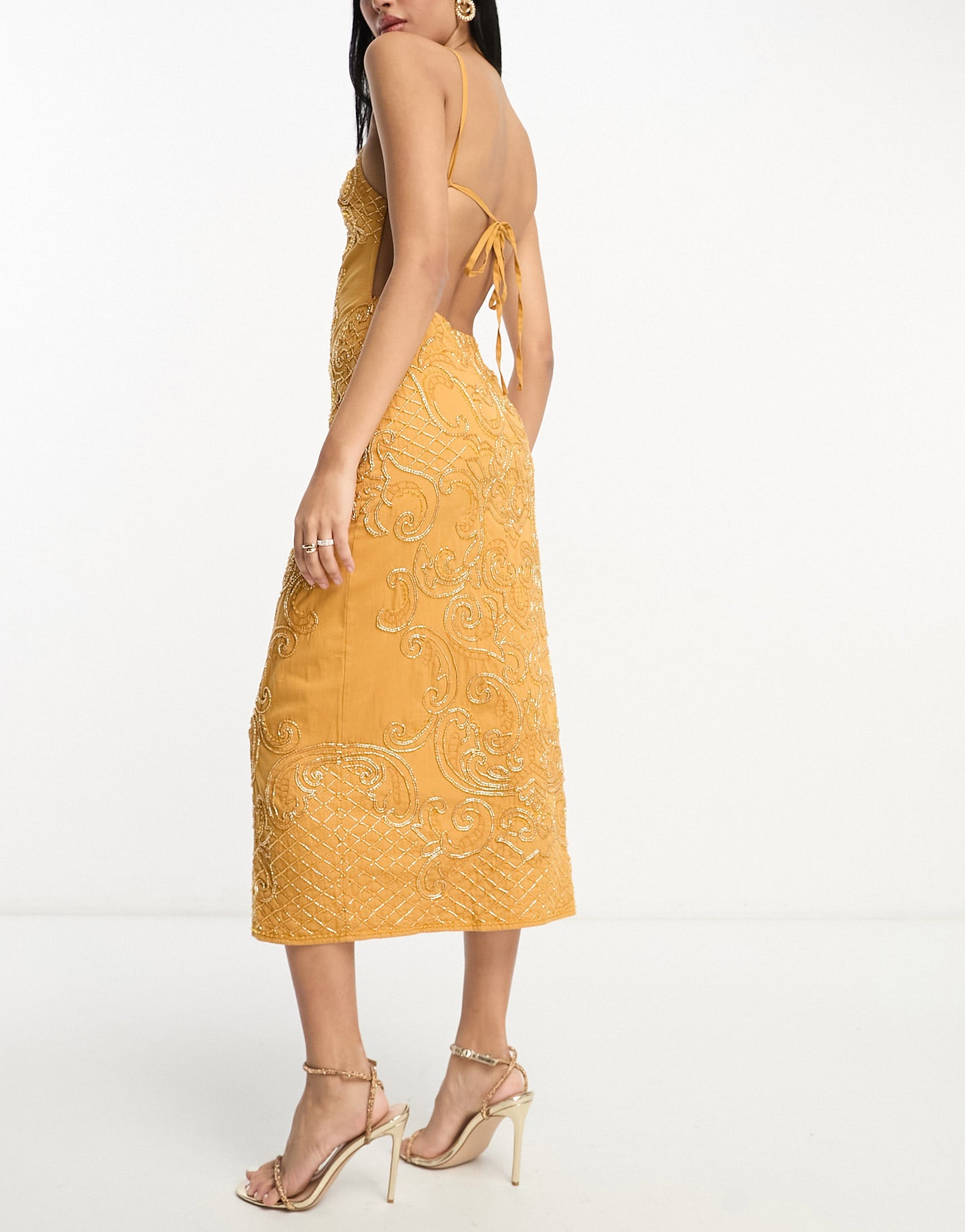 ASOS DESIGN embellished high neck midi dress with mirror beading detail in mustard