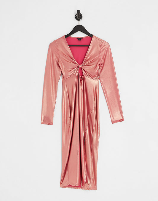 Monki cut out midi dress with split in pink metallic