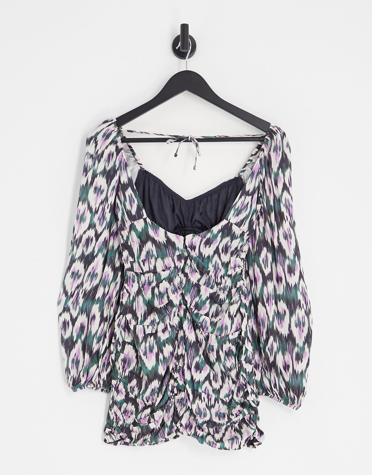 Pull&Bear long sleeve printed mini dress with ruched detail in pink