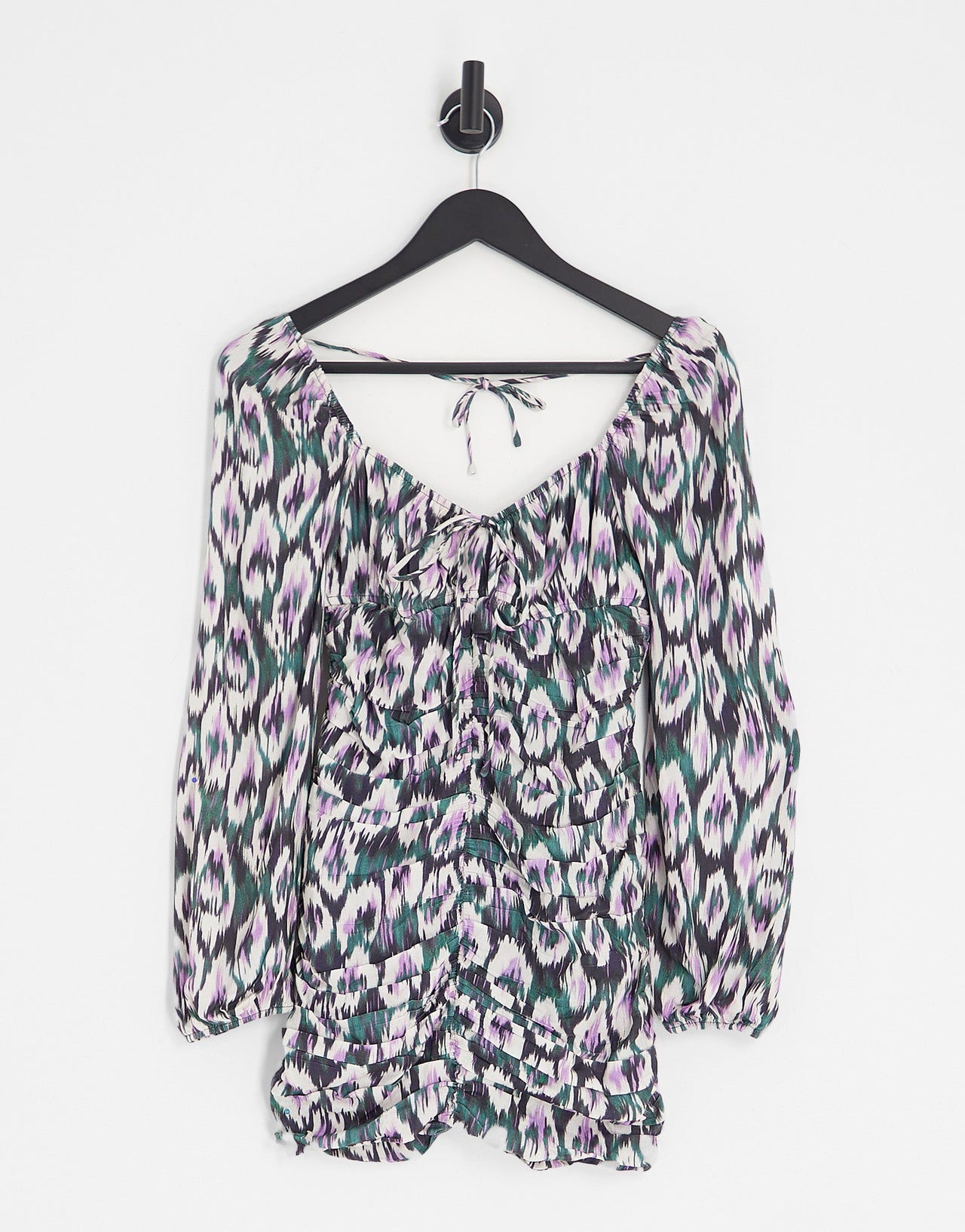 Pull&Bear long sleeve printed mini dress with ruched detail in pink