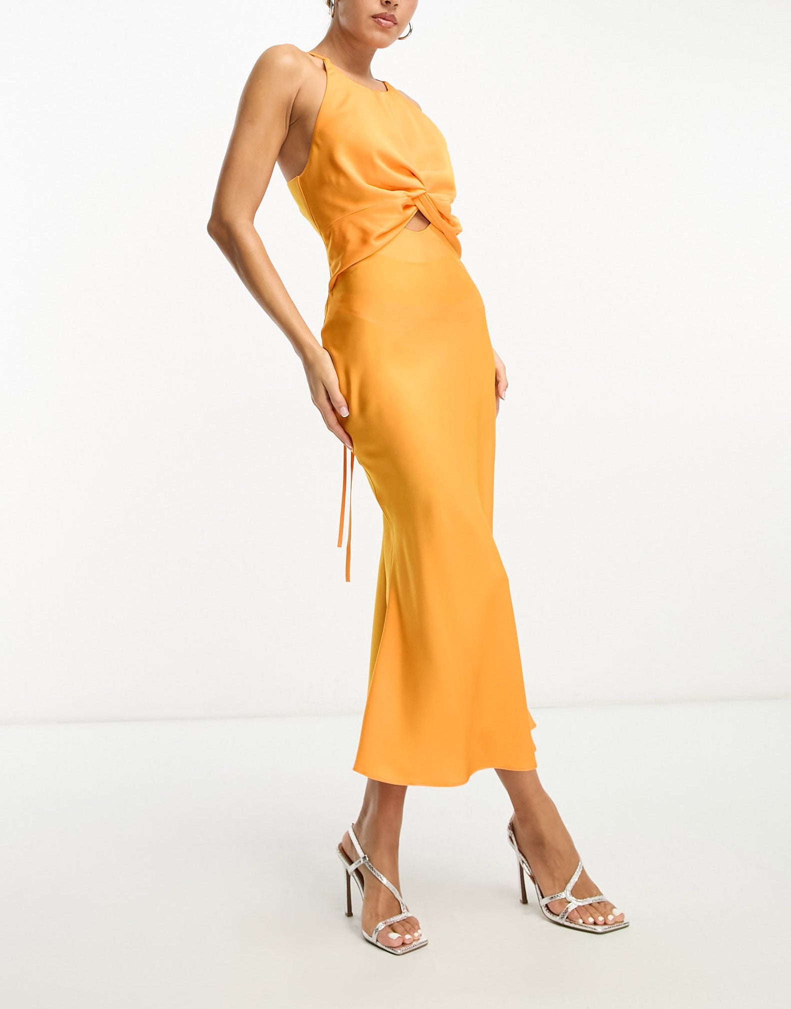 ASOS DESIGN knot front satin midi dress with tie back detail in orange