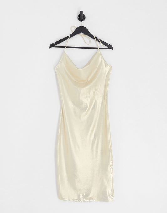 Monki cowl neck halter midi dress in gold metallic