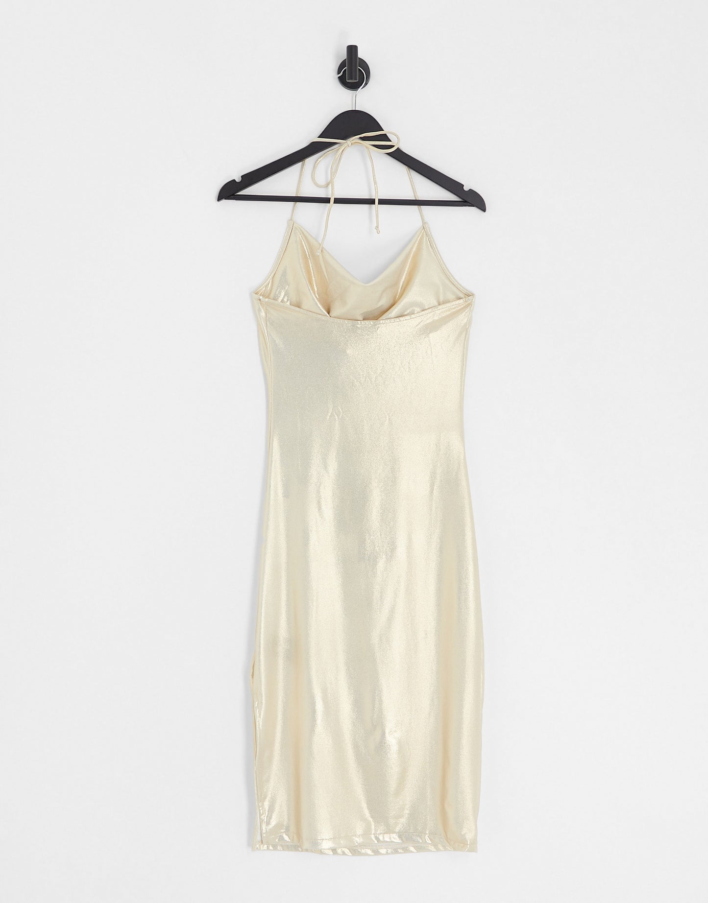 Monki cowl neck halter midi dress in gold metallic