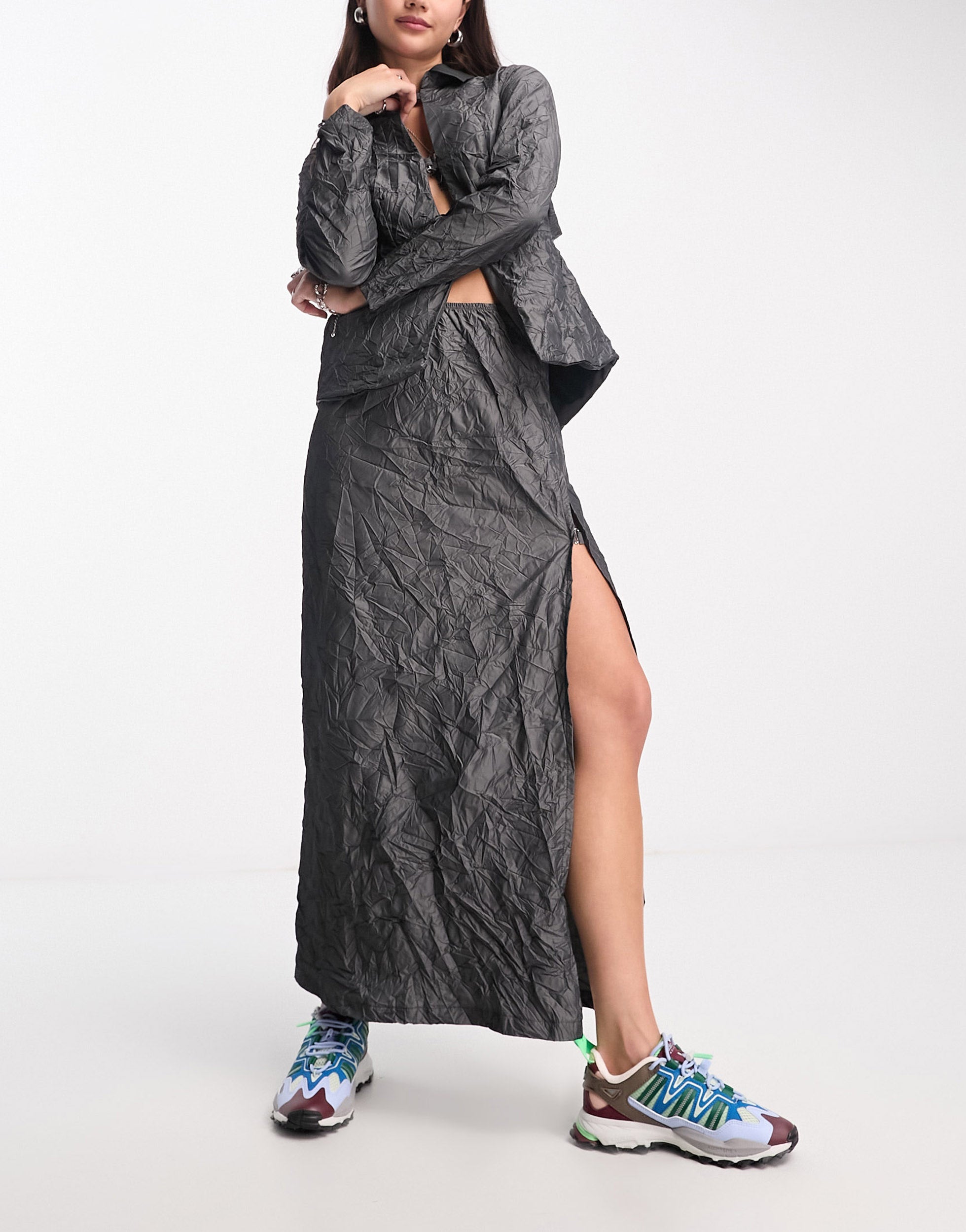 COLLUSION crinkle maxi skirt with side slit co-ord in grey