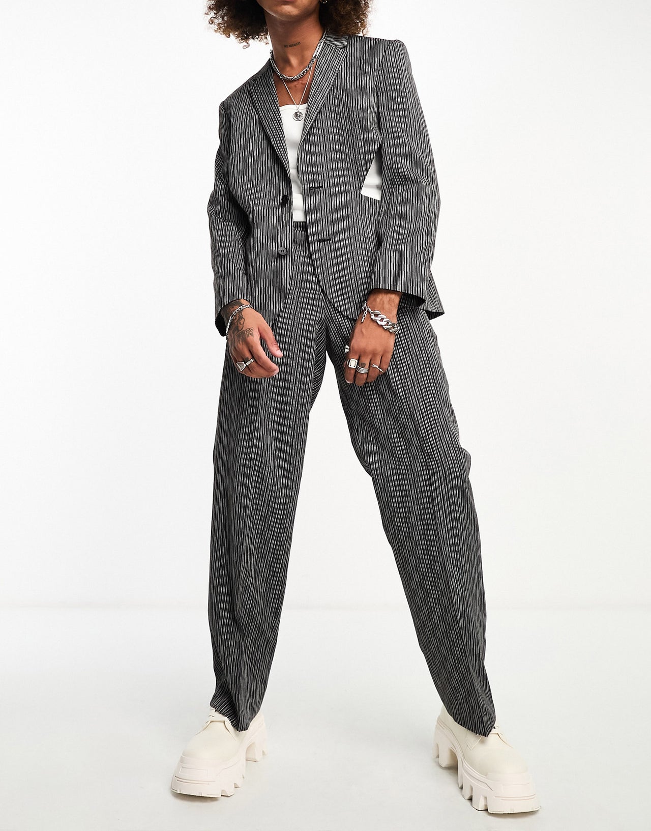 ASOS DESIGN slim suit jacket with cut out detail in black and white stripe