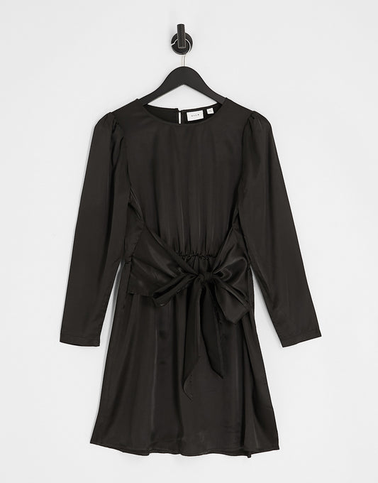 Vila tie detail satin mini dress in black