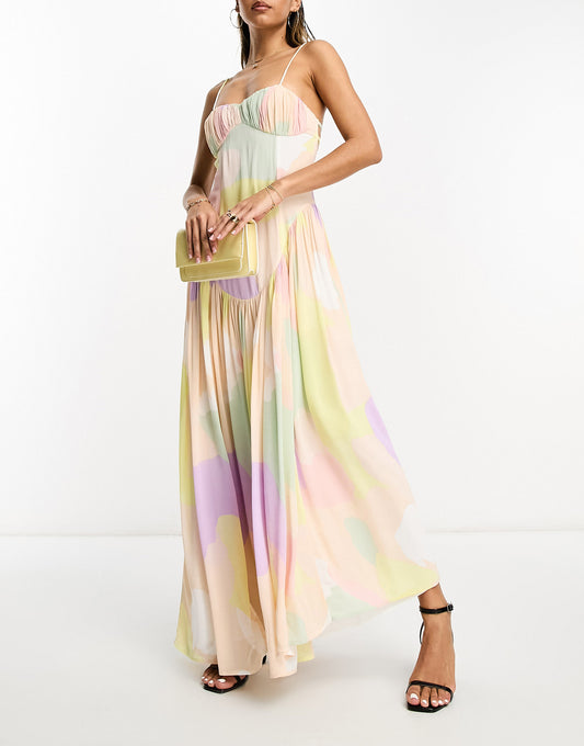 ASOS DESIGN ruched bust backless cami maxi dress with dropped hem in abstract print