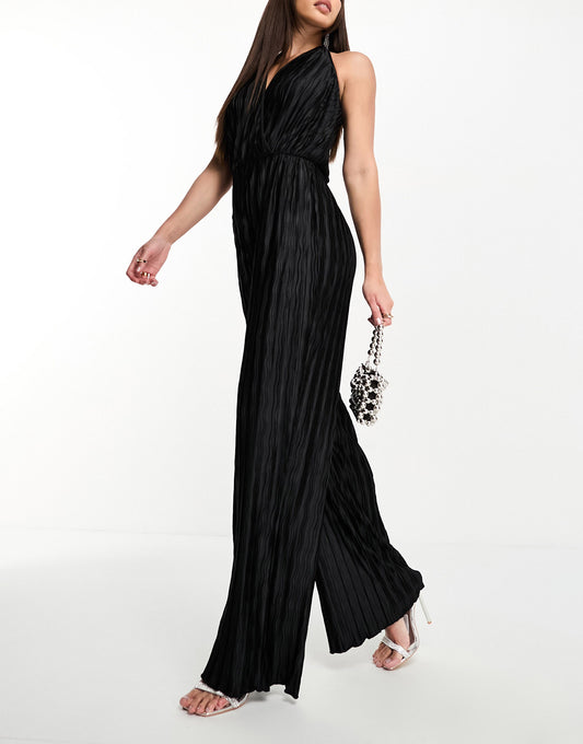 4th & Reckless Tall exclusive plisse plunge front halterneck wide leg jumpsuit in black