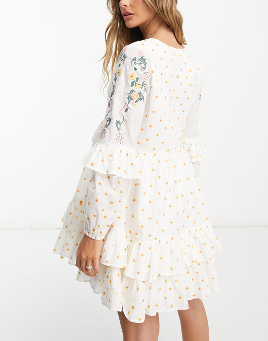 ASOS DESIGN embroidered dobby mini smock dress with frill details in cream