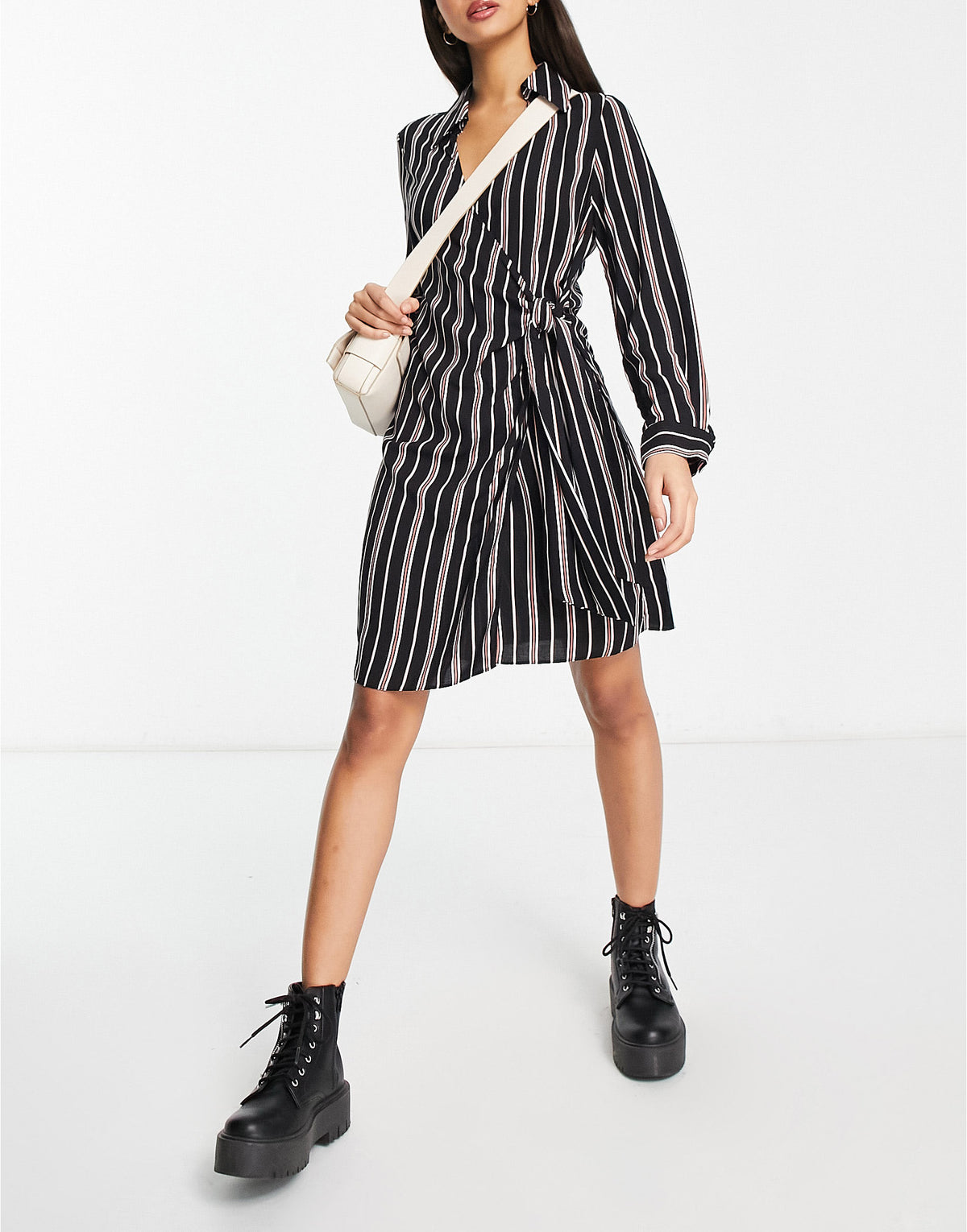 New Look stripe wrap shirt mini dress in black