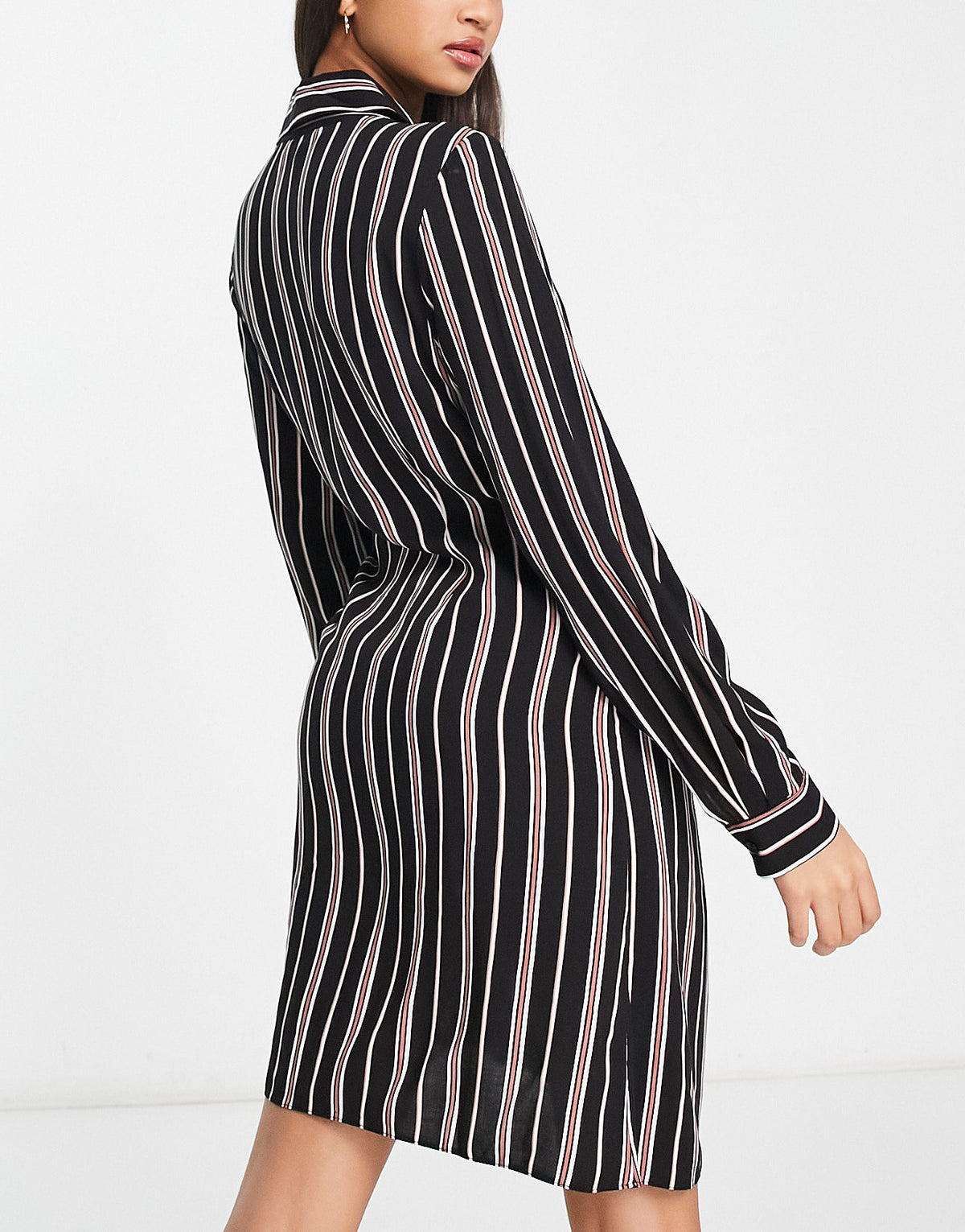 New Look stripe wrap shirt mini dress in black