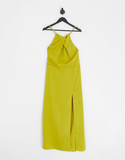 ASOS DESIGN satin halterneck twisted neckline midi dress in gold