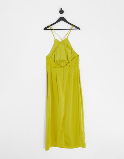 ASOS DESIGN satin halterneck twisted neckline midi dress in gold