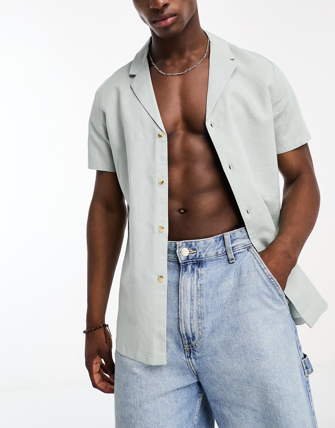 ASOS DESIGN regular deep revere linen mix shirt in sage green