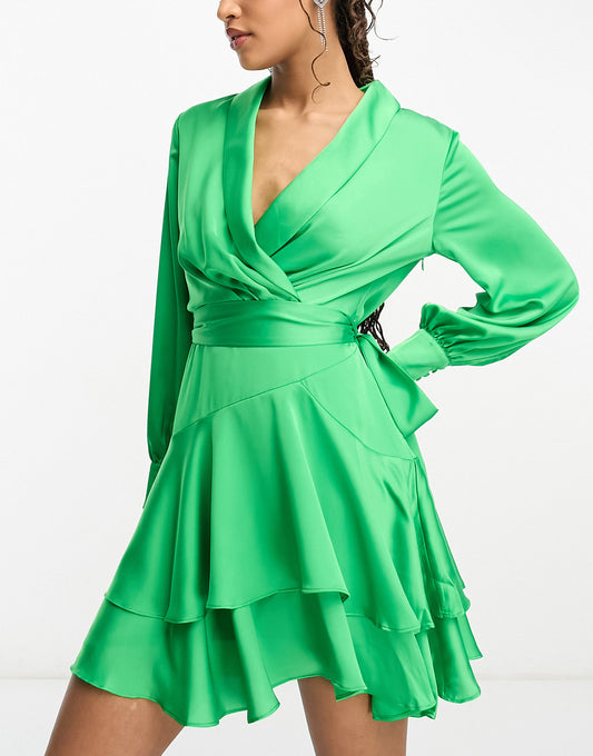 Forever New long sleeve tie waist mini dress in green