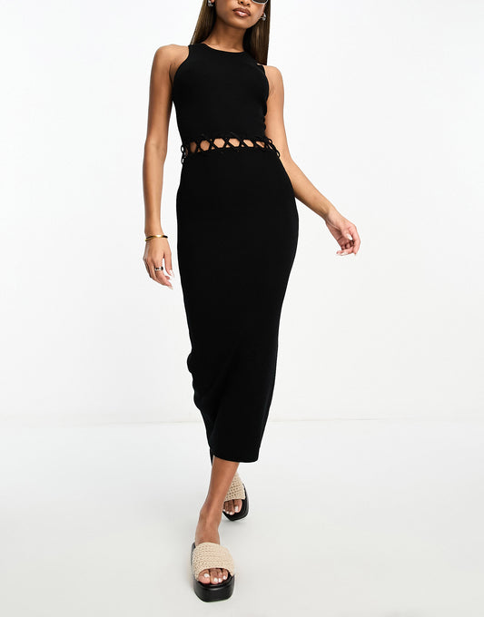 ASOS DESIGN knitted midi dress with cut out waist detail in black