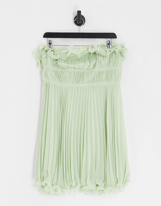 ASOS DESIGN pleat bandeau mini dress with flippy hem in sage