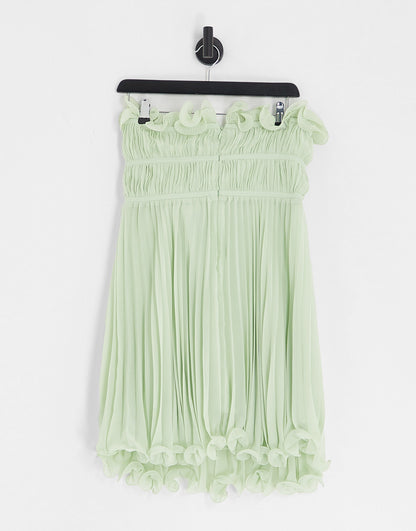 ASOS DESIGN pleat bandeau mini dress with flippy hem in sage