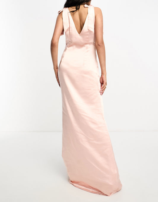Pretty Lavish Bridesmaid Piper tie shoulder satin maxi dress in blush