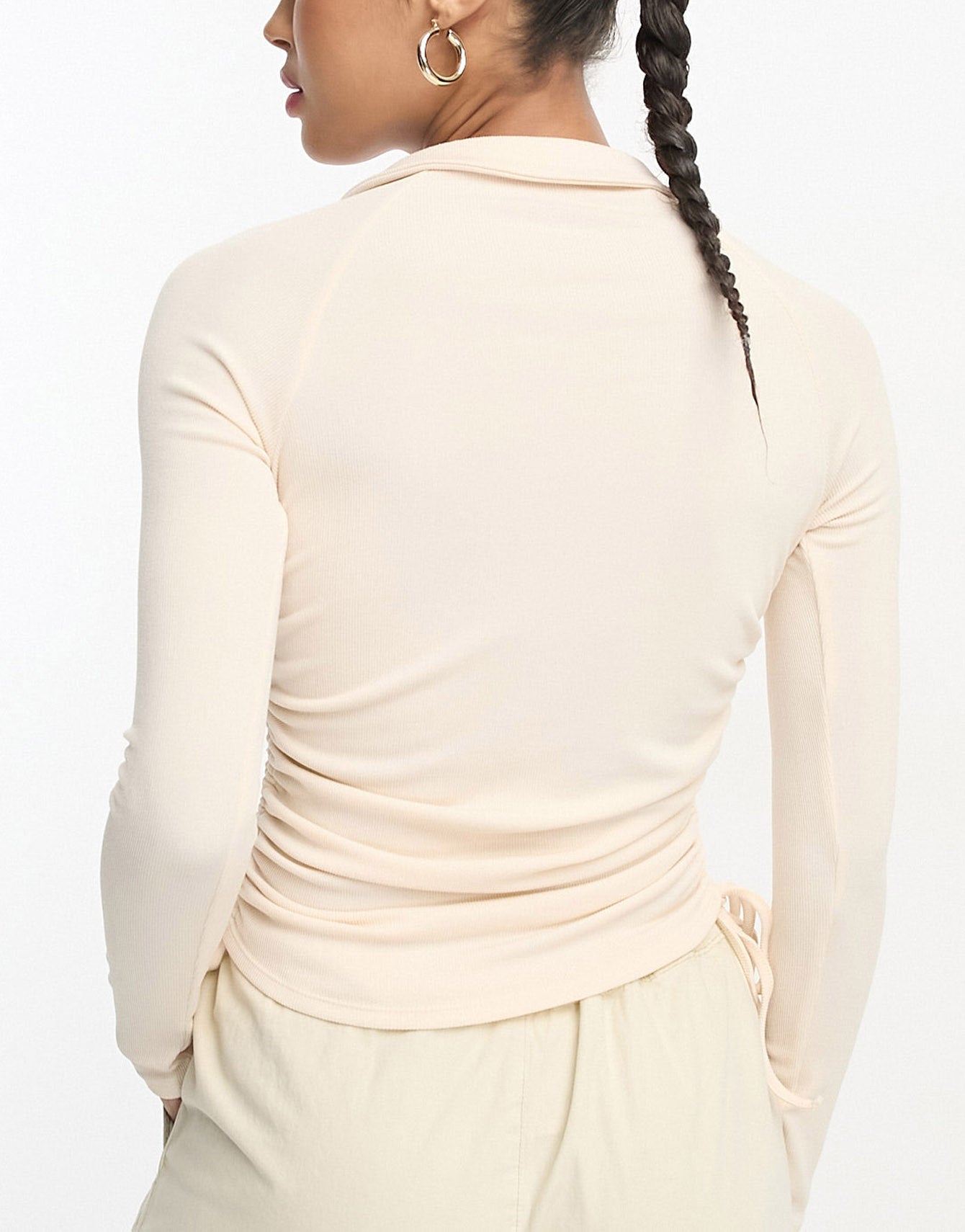 ASOS DESIGN cut out shoulder ruched front shirt in buttermilk