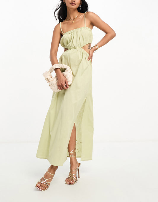 Pretty Lavish ruched cut-out midaxi dress in olive