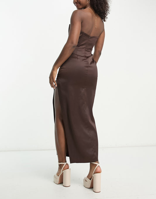 Bardot bandeau satin slip midi dress in chocolate