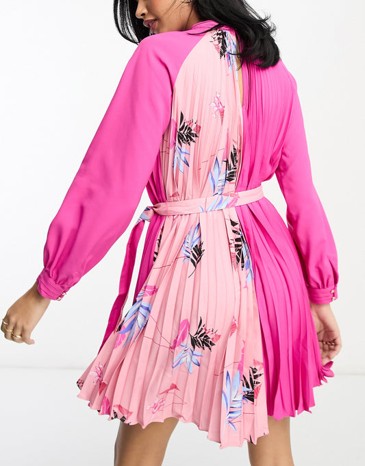 French Connection mini shift pleated dress in pink contrast print