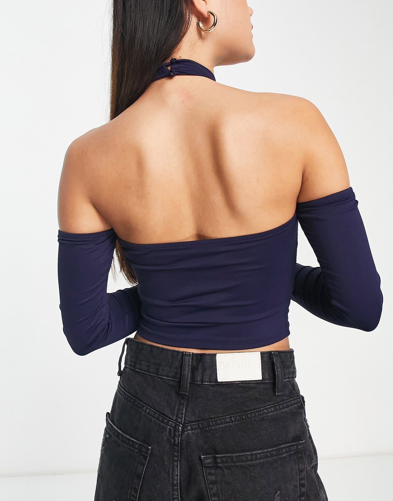 Bershka halter neck long sleeve crop top in purple