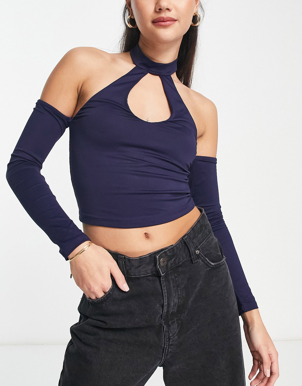Bershka halter neck long sleeve crop top in purple