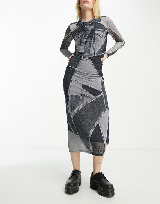 Bershka denim patchwork mesh midaxi dress in dark grey