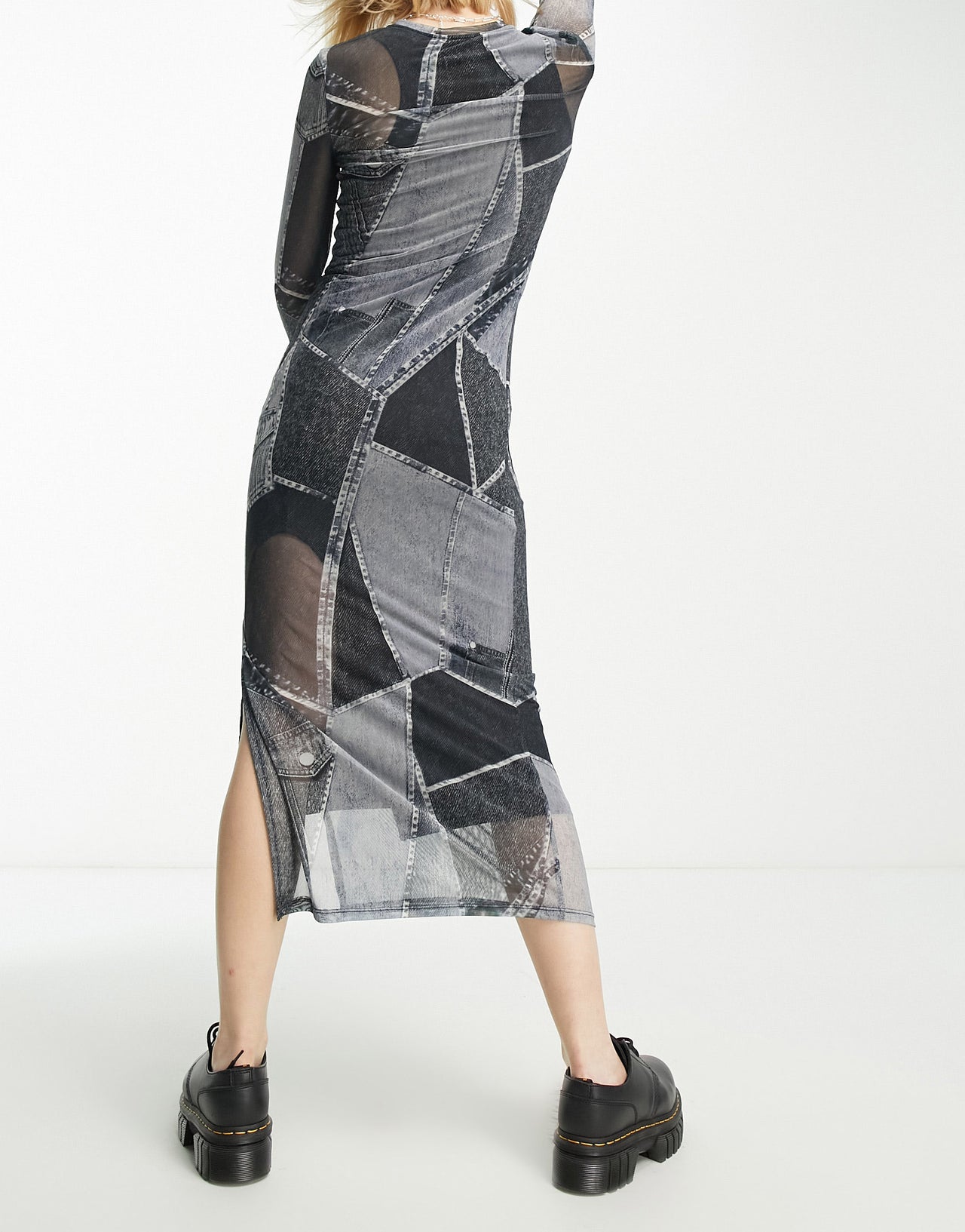 Bershka denim patchwork mesh midaxi dress in dark grey