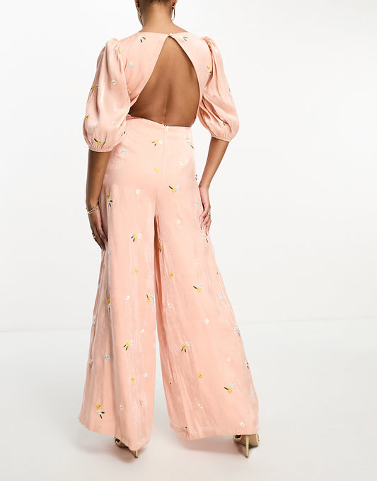 Collective the Label Petite exclusive twisted cut-out jumpsuit in yellow ditsy floral