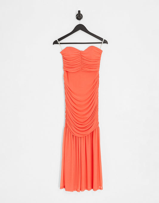 ASOS DESIGN mesh ruched bodycon bandeau flared hem midi dress in coral