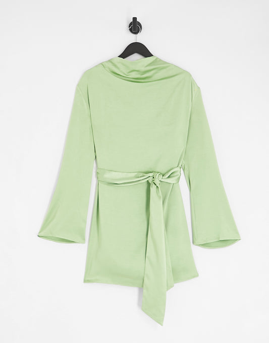 Pretty Lavish Curve tie waist satin mini dress in soft olive