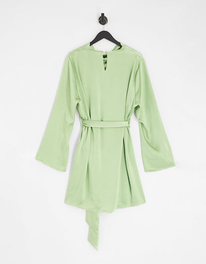 Pretty Lavish Curve tie waist satin mini dress in soft olive