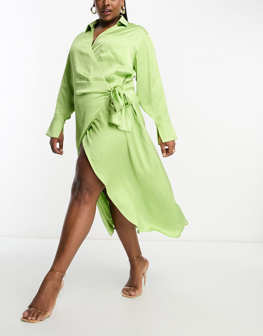 Pretty Lavish Curve wrap shirt midaxi dress in apple green