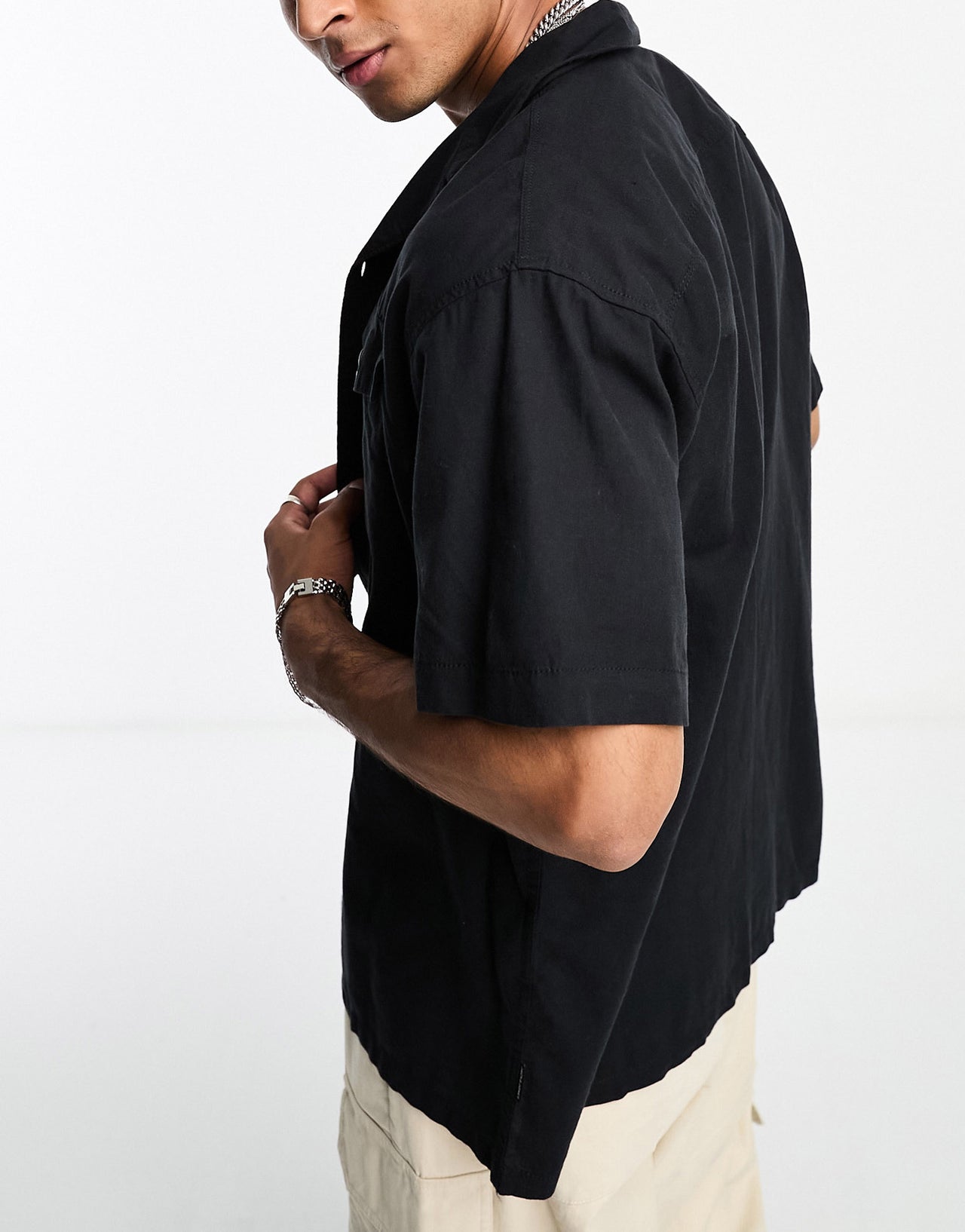 Jack & Jones Core revre collar shirt in linen mix with utility pocket in black