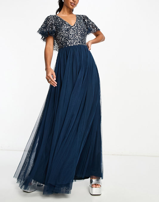 Beauut Petite Bridesmaid embellished maxi dress with flutter detail in navy