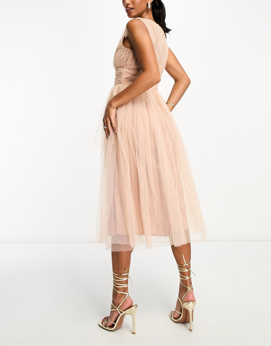 Beauut Petite Bridal midi tulle dress in taupe brown