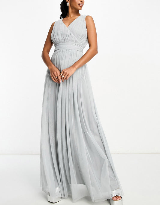 Beauut Petite Bridal maxi tulle with bow back in light grey
