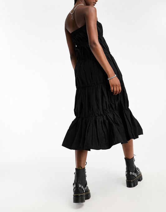 COLLUSION gathered tiered bandeau midi dress in black