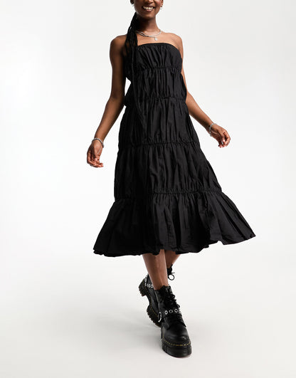 COLLUSION gathered tiered bandeau midi dress in black