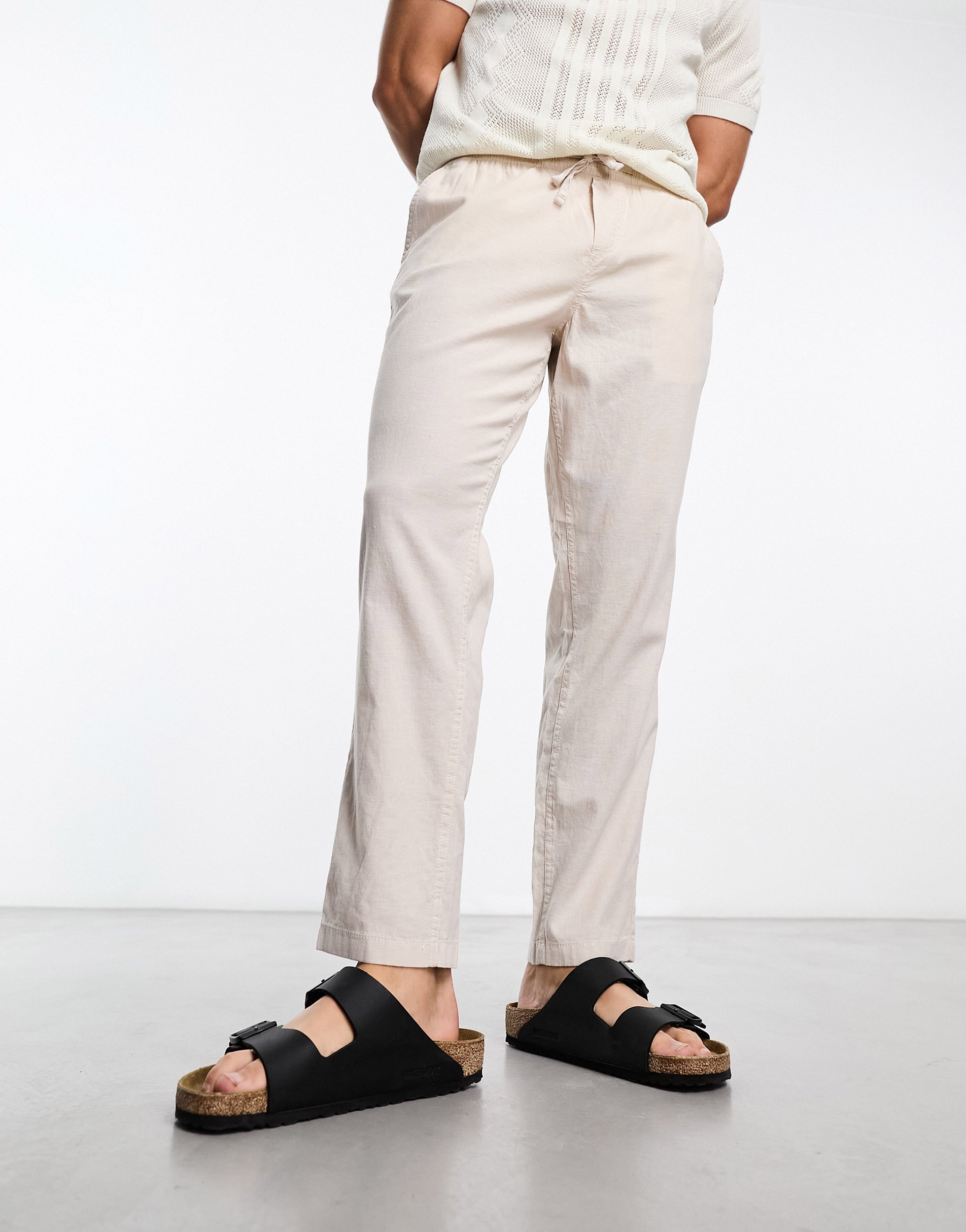 Jack & Jones Intelligence drawstring linen mix trouser in cream