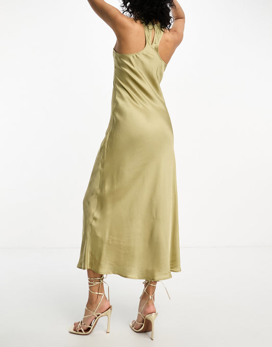 AllSaints Betina satin midi slip dress in green
