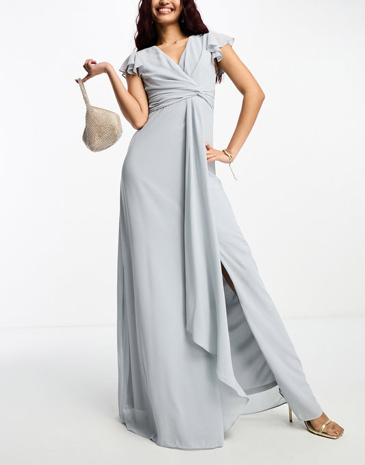 TFNC Petite Bridesmaid flutter sleeve maxi dress in grey