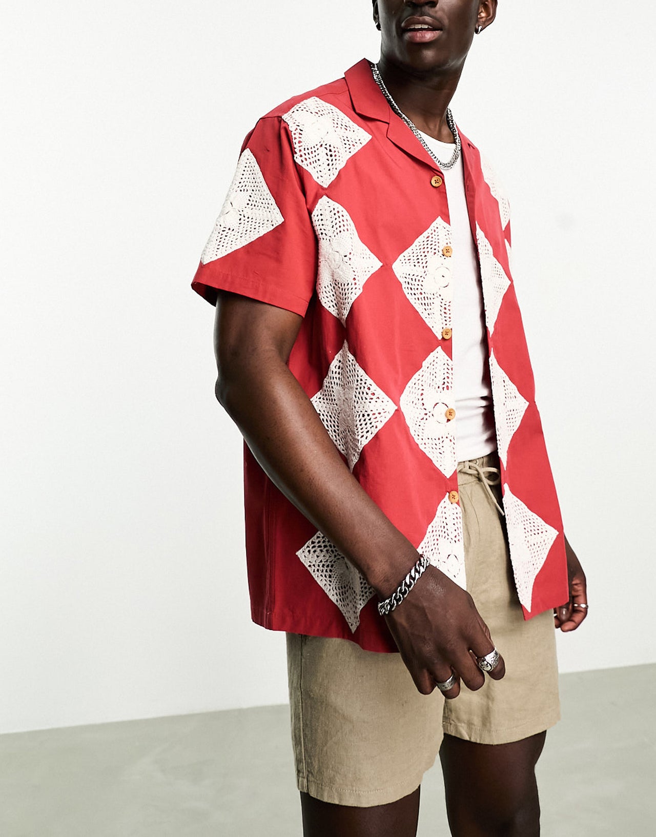 ASOS DESIGN relaxed revere crochet shirt in red